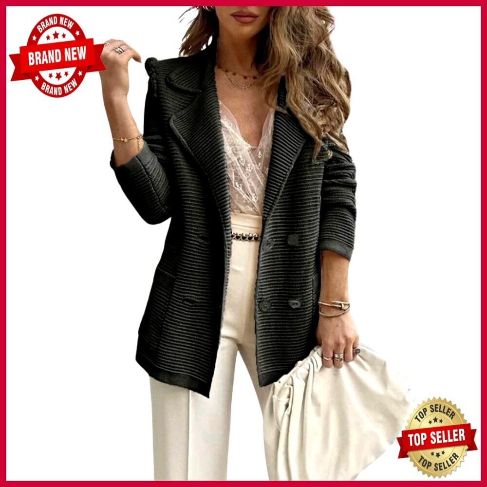 Women's Double Breasted Ribbed Knit Blazer Jacket with Notch Lapel